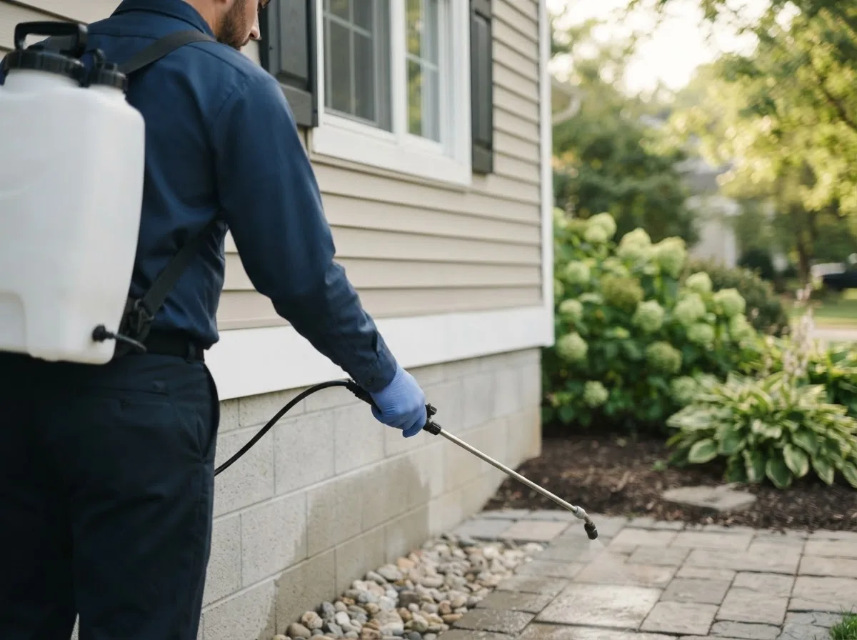 Pest control technician inspecting a home in Edmeston, NY